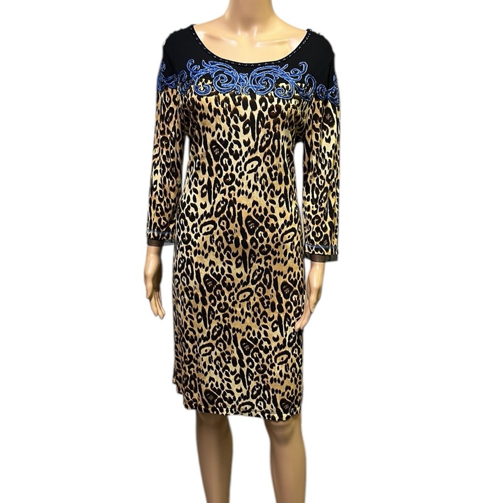 Krista Lee Simba Animal Print Embroidered Beaded 3 Quarter Sleeve Dress Medium